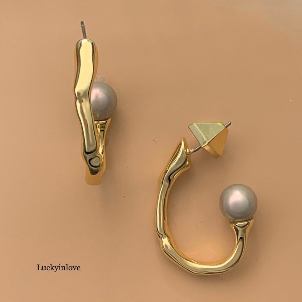 Alexis Bittar Pearl Capped Twisted Gold Molten Metal Open Hoop Post Earrings